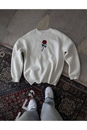 Unisex Bisiklet Yaka Ön Ve Arka Baskılı SweatShirt - Beyaz
