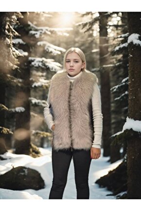 Kadın Kolsuz Fermuarlı Yelek - Kahve