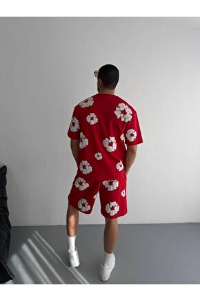 İki İplik Kumaş Baskılı T-shirt Şortlu Takım- Kırmızı