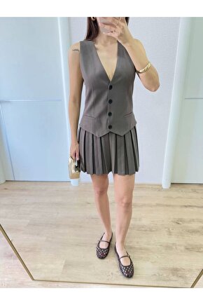 Keten Takım Görünümlü Düğme Detaylı Yelekli Mini Elbise - Bordo