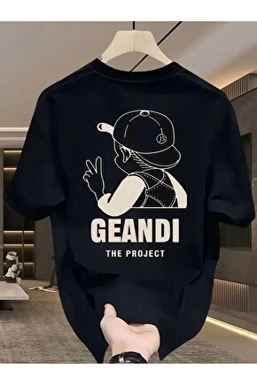 Geniş Kesim Pamuklu Tişört - GANDHI The Project Baskılı, Siyah, Rahat Kesim, Kısa Kollu, Günlük Kı