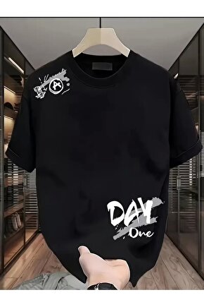 201 Penye Compack Day One Baskılı Oversize Bisiklet Yaka T-shirt - Siyah