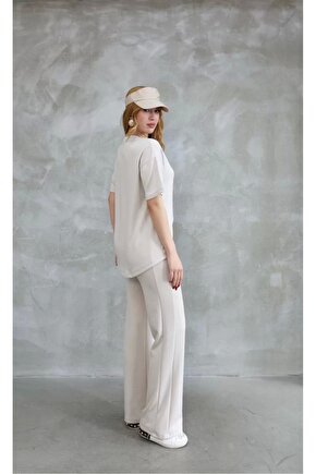 Osy Modal Yumuşak dokulu Kumaş Bisiklet Yaka Taş detaylı Kısa Kollu Takım - Kırık Beyaz