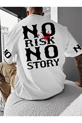 No Risk No Story Baskılı Oversize Bisiklet Yaka T-shirt - Beyaz