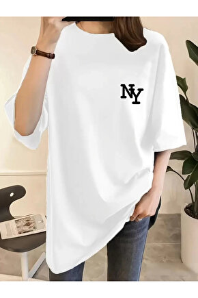 Kadın Eğlenceli Harf NY Baskılı Bisiklet Yaka Tişört - Rahat Polyester, Makinede Yıkanabilir - Yaz v