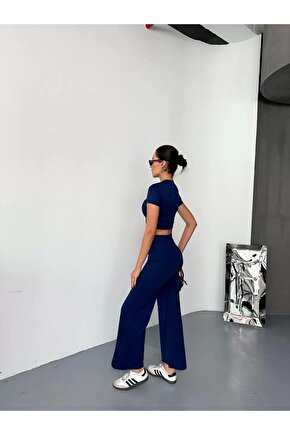 Osy Modal Yumuşak Dokulu Kumaş Kısa Kollu Crop Alt ispanyol Paça Pantalon ikili Takım - Lacivert