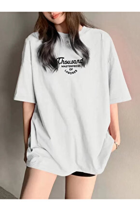 Thousand Ön Arka Baskılı Oversize Bisiklet Yaka T-shirt - Beyaz