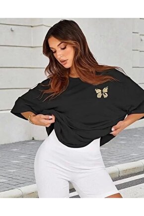 Kadın Bisiklet Yaka Baskılı T-shirt - Siyah