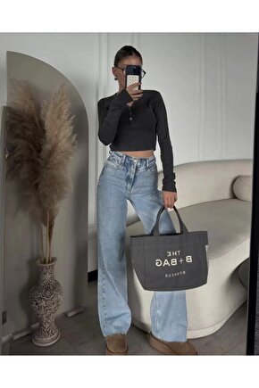 Düğme Detaylı Yıkamalı Crop