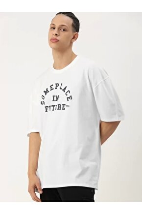 Erkek Baskılı Oversize T-shirt - Beyaz
