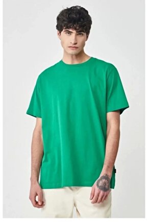 Unisex Düz Biskilet Yaka Oversize T-shirt - Yeşil