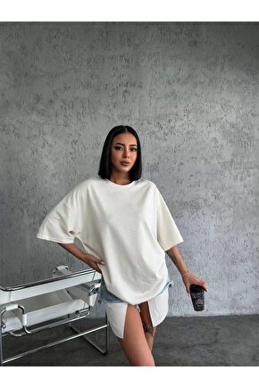 Unisex Düz Biskilet Yaka Oversize T-shirt - Beyaz
