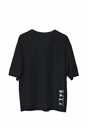 Unisex Bisiklet Yaka Baskılı Oversize T-Shirt - Siyah