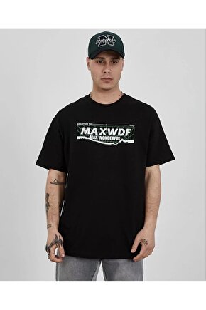 Unisex Bisiklet Yaka Baskılı Oversize T-Shirt - Siyah