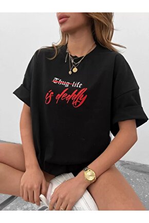 Unisex Bisiklet Yaka Baskılı Oversize T-Shirt - Siyah