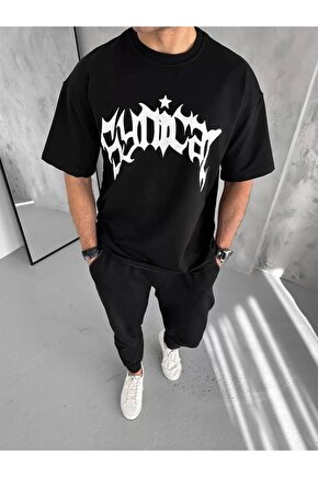 Unisex Bisiklet Yaka Baskılı Oversize T-Shirt - Siyah