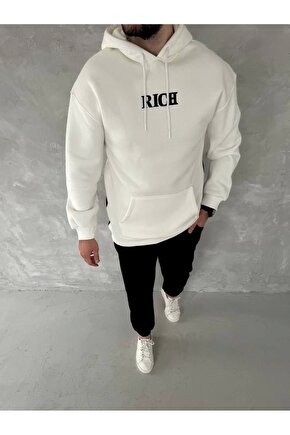 Uzun Kol Kapüşonlu Göğüs Baskılı SweatShirt - Beyaz