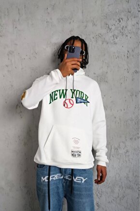Erkek Baskılı Kapüşonlu Sweatshirt - Beyaz