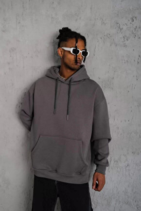 Erkek Düz Kapüşonlu Sweat - Gri -VLMR
