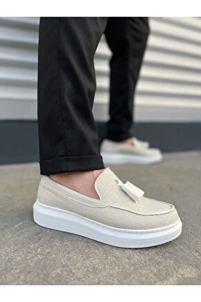 JY154 Blaze Bağcıksız Püsküllü Keten Erkek Günlük Spor Klasik Ayakkabı KBT - Beyaz