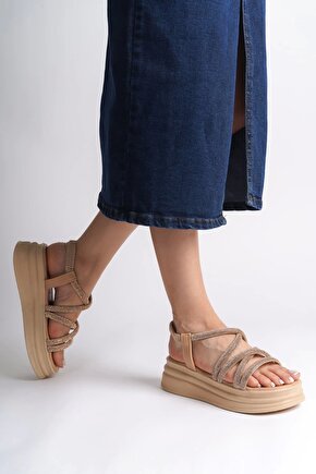 ELENA Lastikli Taşlı Şeritli Ortopedik Taban Kadın Sandalet CTT - Ten