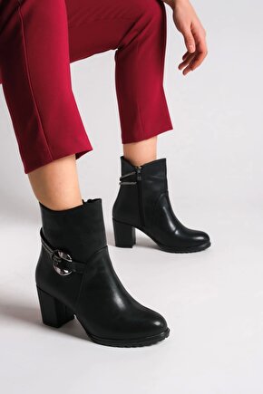 EDNA Fermuarlı Ortopedik Taban Taşlı Topuklu Kadın Bot CST - Siyah