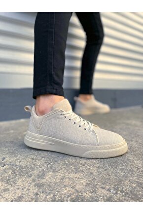 JY204 Flex Bağcıklı Keten Kumaş Erkek Günlük Sneaker Ayakkabı KKT - Krem