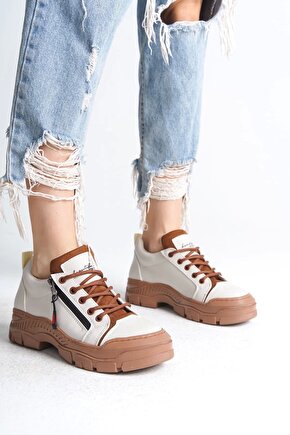 AGATHA Bağcıklı Fermuarlı Ortopedik Taban Kadın Sneaker Spor Ayakkabı CTT - Krem