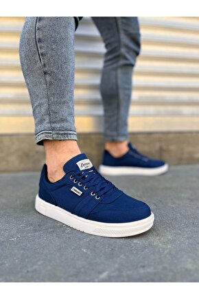 JY0118 REX Bağcıklı Keten Kumaş Erkek Günlük Sneaker Ayakkabı KBT - Lacivert