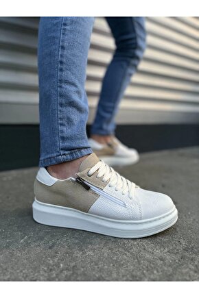 JY155 Warrior Bağcıklı ve Fermuarlı Cilt Süet Erkek Günlük Sneaker Ayakkabı CSBT - BeyazKrem