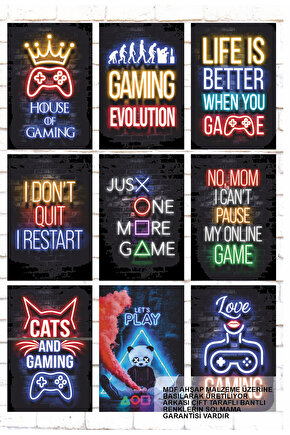oyuncu gamer genç odası ps pc konsol oyunları  9 Parça Karışık Ahşap Tablo Seti  poster seti
