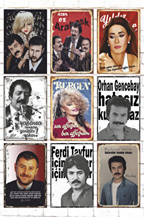 9 Parça Karışık Ahşap Tablo Seti Arabesk müzik şakıcıları tablosu posterleri seti