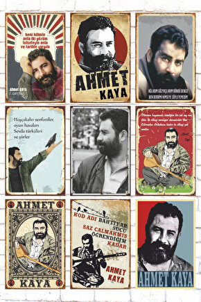 9 Parça Karışık Yazılı Ahşap Tablo Seti Ahmet Kaya retro ahşap posterleri özgün müzik