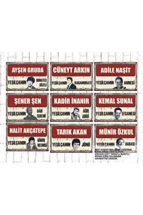 9 Parça Karışık Yazılı Ahşap Tablo Seti yeşilçam türk sineması oyuncuları portreleri