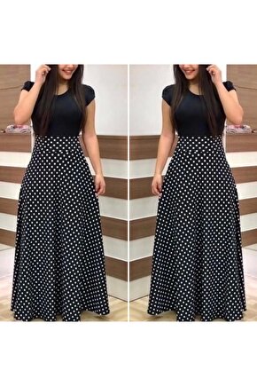 Kadın Kısa Kollu Puan Desen Tam Boy Krep Elbise