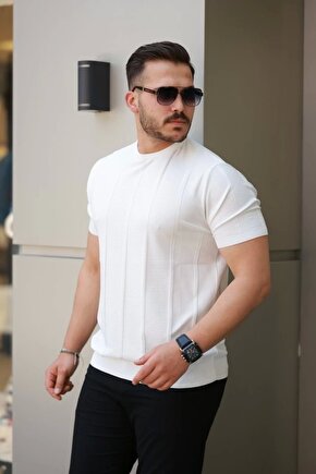 Erkek Desenli çizgi Kabartmalı Kısa Kollu Tişört