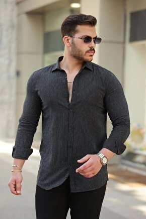 Erkek çizgi Desenli Uzun Kollu Pamuklu Keten Gömlek