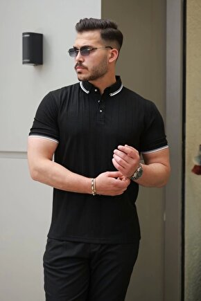 Erkek Düğme Yakalı Jakar Kumaş Kısa Kollu Tişört