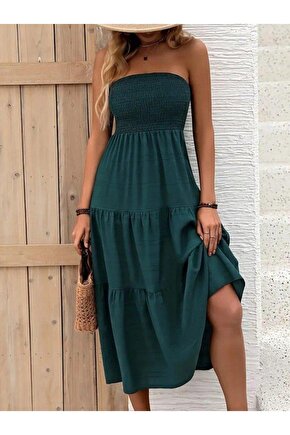 Kadın Straplez Göğüsten Lastikli Kloş Aerobin Uzun Elbise