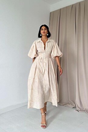 Bej Pileli Balkon Elbise