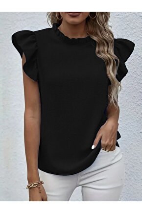 EQURİ Kadın Kısa Kollu Fırfır Yakalı Bürümcük Bluz