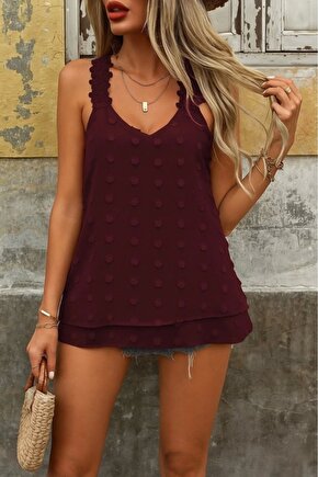 Kadın Dantel Askılı V Yakalı Sırtı çapraz Detaylı Ponpon Bluz