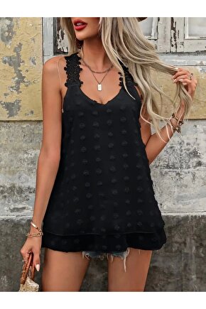 Kadın Dantel Askılı V Yakalı Sırtı çapraz Detaylı Ponpon Bluz