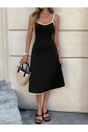 EQURİ Kadın Ip Askılı Geniş V Yakalı Midi Janjan Krep Elbise