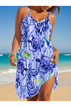 Kadın Askılı Yuvarlak Yaka Kaplumbağa Desenli Süprem Elbise