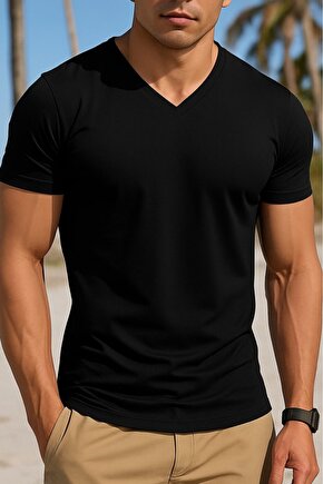 EQURİ Erkek Kısa Kollu V Yakalı Viskon Tişört