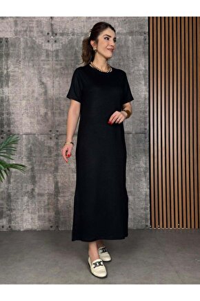 Kadın Kısa Kollu Bisiklet Yaka Yırtmaçlı Viskon Iki Iplik Elbise