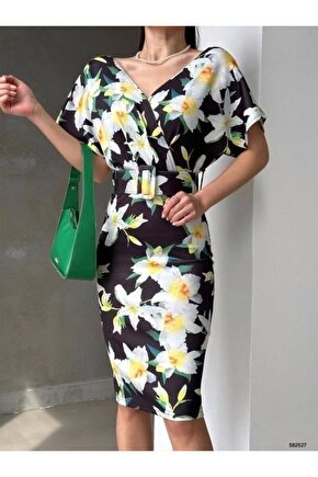 Kadın Dalgıç Kumaş V Yaka çiçek Desenli Kuşaklı Kalem Elbise