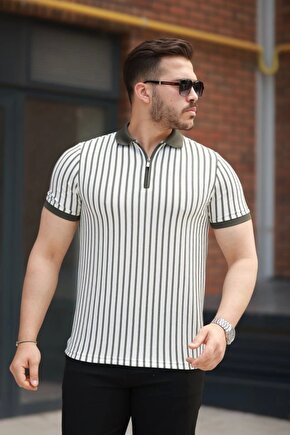 Erkek çizgili Fermuar Yakalı Kısa Kollu Tişört