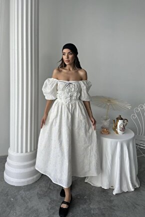 EQURİ Ekru Dantel Detaylı Brode Elbise